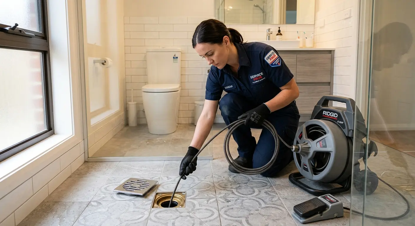 Technician clearing a bathroom floor drain for Hydro Jetting in Henderson